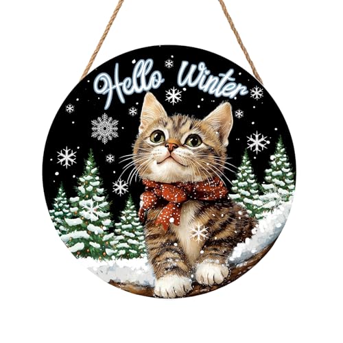 Hello Winter Cat Front Door Sign Winter Kitty Kitten Pine Tree Round Wood Sign 12x12in Winter Decorations Cat door hanger Christmas Winter Wreath Wall Hanging Welcome Sign for Outdoor Outside Porch - color: Hello Winter Cat