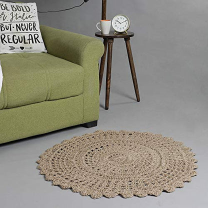 THE BEER VALLEY Jute Hand Crochet Rug 3 Feet Round - Natural - color: Natural, size: 3' (Round)