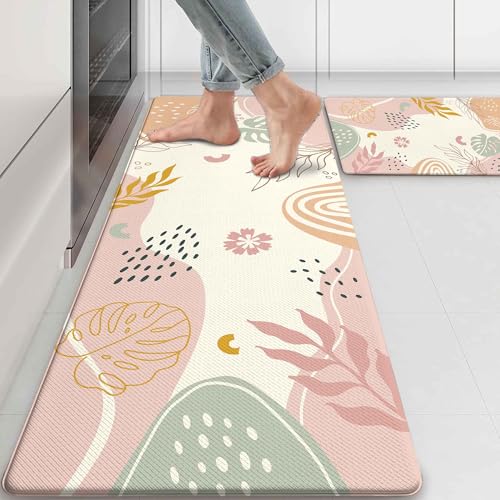 Boho Kitchen Rug Mats for Floor Cushioned Anti Fatigue Pink Kitchen Rugs Sets of 2 Botanical Non Slip Waterproof Comfort Memory Foam Standing Floor Mat for Office Laundry Sink Desk - color: Beige Pink, size: 46"Lx17"W+29"Lx17"W-0.3"H