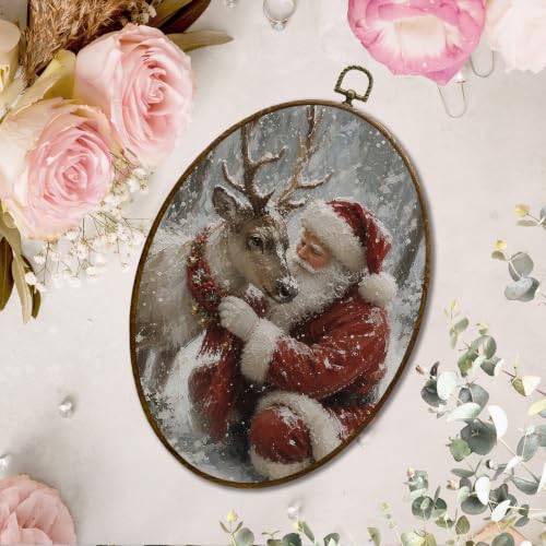 JQF Winter Christmas Santa Reindeer Oval Wall Decor Framed 8.5x11.5 Inch - color: santa-6