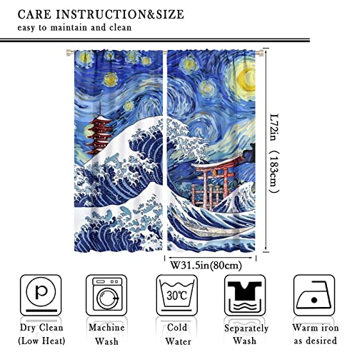 Japanese Asian Art Blackout Curtains for Bedroom,Blue Anime Ocean The Great Waves Fantasy Starry Sky Torii Window Drapes - Thermal Insulated and Noise Reduction,2 Panels 72L x 31.5Ws - color: Japanese Asian Art, size: 31.5"W x 72"L (Pack of 2)