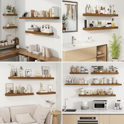 Floating Shelves for Wall, Wall Mounted Wood Shelves, Brown, Set of 2, 48in - color: Rustic Brown, size: 48"W x 6.5"D , 2 Pack