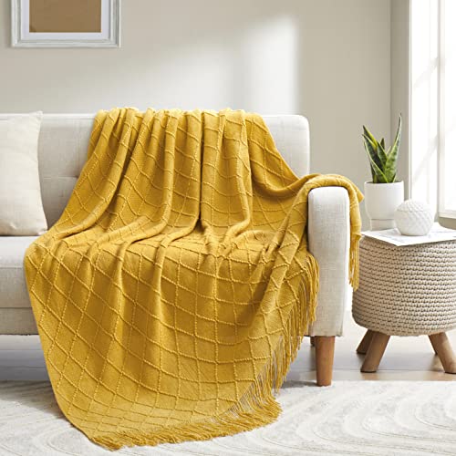Acrylic Knitted Throw Blanket, 50 x 60 Inches, Mustard Yellow - color: Mustard Yellow