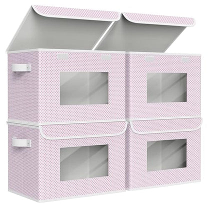 Univivi Fabric Foldable Storage Boxes with Lids, 4 Pack, Pink - color: Pink Polka Dot