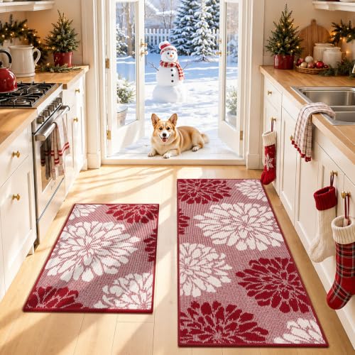 Findosom Christmas Kitchen Rugs Sets of 2, Floral Washable Kitchen Runner - color: Red, size: 24" x 36" + 24" x 60"