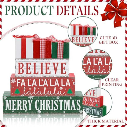 Geelin 4 Pcs Christmas Wooden Table Decorations Gift Boxe Tiered Tray Decor - style: Gift
