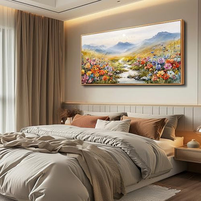 Nature Landscape Wall Art for Bedroom, Sunset Wildflowers Pictures 20X40 In - color: Flower Watercolour Painting Wood Framed, size: 40"L x 20"W