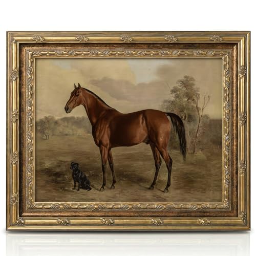 InSimSea Vintage Wall Art, Antique Horse and Dog Canvas Print, 13x16 Inch | Gold Framed Retor Equestrian Painting with Glass, Rustic Farmhouse Animal Decor for Living Room Bedroom Hallway Office Study - color: Horse and Dog Friendship, size: 16"L x 13"W