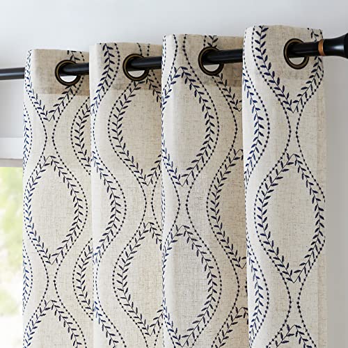 jinchan Boho Linen Curtains 63 Inch Blue on Beige Grommet 2 Panels - color: Vine Blue, size: 50"W x 63"L (Pack of 2)