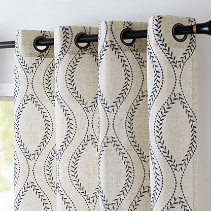 jinchan Boho Linen Curtains 63 Inch Blue on Beige Grommet 2 Panels - color: Vine Blue, size: 50"W x 63"L (Pack of 2)