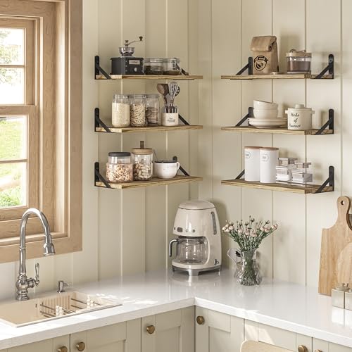 YGEOMER 16.5 Inch Floating Wall Shelves, Light Carbonized Brown, Set of 6 - color: Rustic Brown, size: 16.5 x 6.1 x 0.59 inches