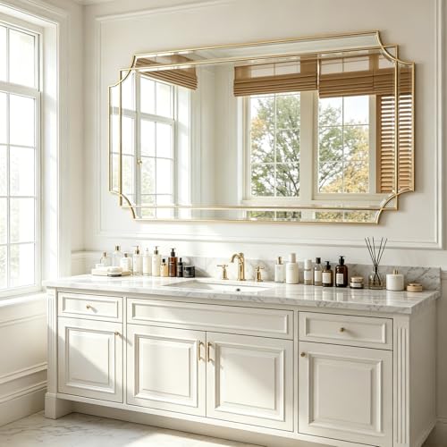 59"x30" Large Rectangle Beveled Mirror with Gold Geometric Frame - color: Gold, size: 59"L x 30"W