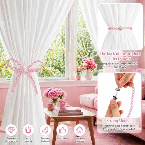 Novabright 2 Pack Pink Beaded Bow Magnetic Curtain Tiebacks No Drill
