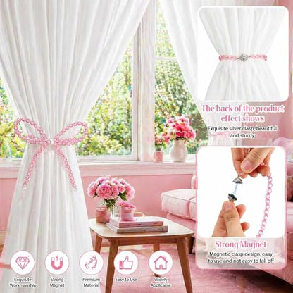 Novabright 2 Pack Pink Beaded Bow Magnetic Curtain Tiebacks No Drill