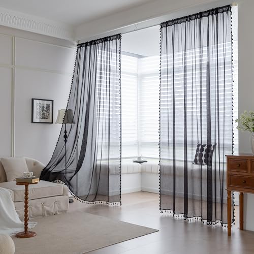 Black Sheer Curtains 63 inch Long, Fringed Edges and Textured Semi Sheer Curtains Large Window Treatments for Living Room/Bedroom, 2 Panels - color: Black, size: 52"W x 63"L (Pack of 2)