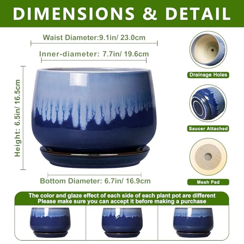 Ceramic Pots for Plants, 9 Inch Indoor Planter, Deep Blue - size: 9 Inch, style: Deep Blue