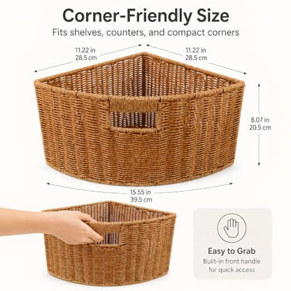 Healifty Triangle Wicker Storage Basket Woven Corner Shelf Basket 15 X 11''
