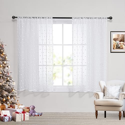 MYSKY HOME White Pom Pom Sheer Curtains for Girls Bedroom 45 Inch 2 Panels - color: White Pom Pom, size: 50"W x 45"L (Pack of 2)