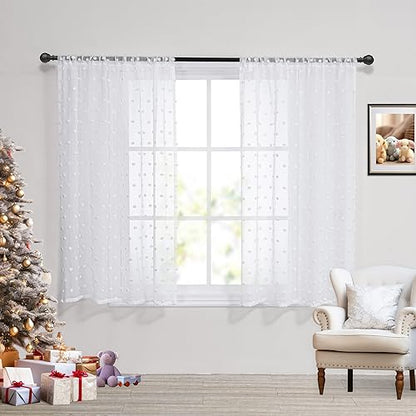 MYSKY HOME White Pom Pom Sheer Curtains for Girls Bedroom 45 Inch 2 Panels - color: White Pom Pom, size: 50"W x 45"L (Pack of 2)