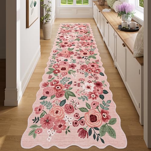 DUKINO 2x8 Washable Runner Rug, Floral Non Slip Kitchen Runner Rug, Pink - color: Pink (Big), size: 2' x 8' (Rectangular)