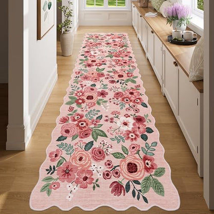 DUKINO 2x8 Washable Runner Rug, Floral Non Slip Kitchen Runner Rug, Pink - color: Pink (Big), size: 2' x 8' (Rectangular)
