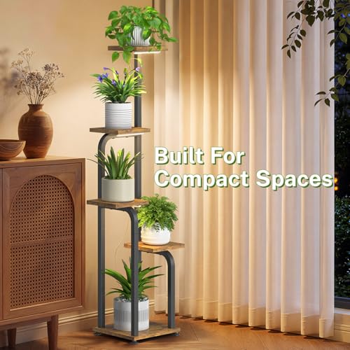 iDavosic.ly Tall Plant Stand Indoor with Grow Lights & Wooden Trays, Brown - color: Brown with Light