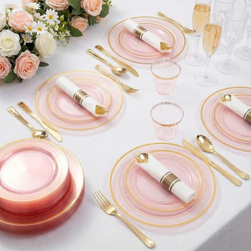 WELLIFE 350Pcs Clear-Pink Plastic Dinnerware- Pink and Gold Plastic Dinnerware include 50 Dinner Plates, 50 Dessert Plates, 150 Gold Silverware, 50 Cups and 50 Napkins Perfect for Parties - color: Clear Pink and Gold, style: 350PCS（50 Guests）