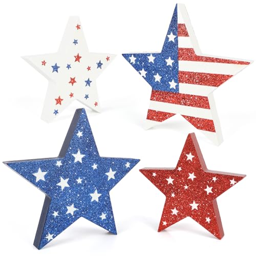 COCHIE 4th of July Decorations Wooden Star Set of 4, Labor Day Decor, Patriotic Memorial Day Tiered Tray Decor, Red White and Blue Veterans Day Decorations for Home Office Table Shelf (Shinny) - color: Shinny
