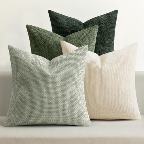 MIULEE Soft Decorative Chenille Pillow Covers Green 18x18 Pack of 4 - color: Neutral Green, size: 18" x 18" (Pack of 4)