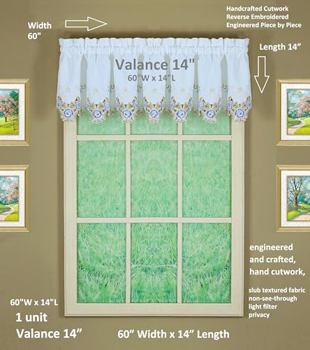 Today's Curtain Verona Reverse Embroidery Valance, 14", White/Blue, 60" W X 14" L - color: White/Blue, size: 60"W x 14"L (Pack of 1)