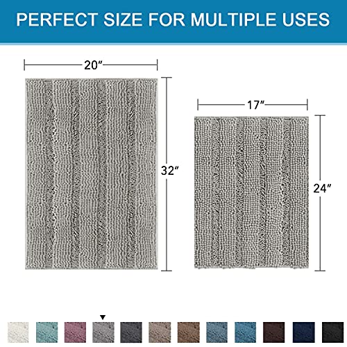 Non Slip Thick Shaggy Chenille Bathroom Rug Mat Set Extra Soft and Absorbent Striped Floor Rugs, 2 Piece, Machine-Washable - color: Dove, size: 20" x 32" Plus 17" x 24"