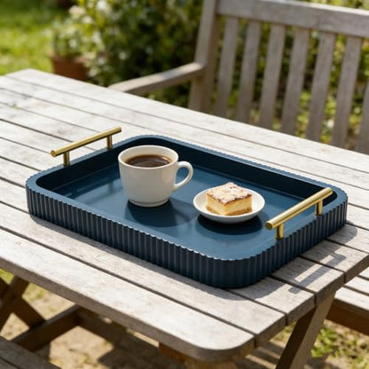 Rectangle Modern Wood Serving Tray with Metal Handles, High Gloss Blue Finish, 16x12 Inch Coffee Table Ottoman Tray for Storage and Display (Blue) - color: Blue