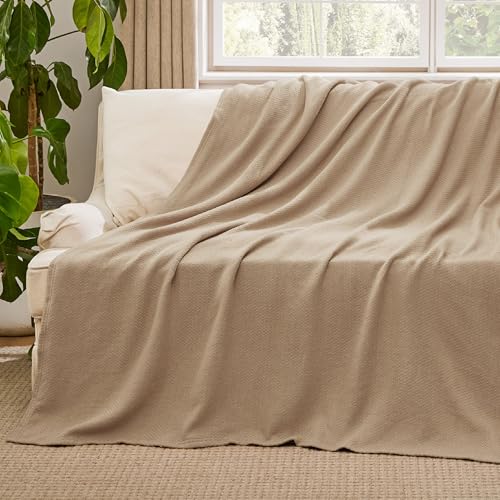 Bedsure 100% Cotton Blanket, Herringbone Weave, Twin-XL, Light Brown - color: 00 - Light Brown, size: Twin XL