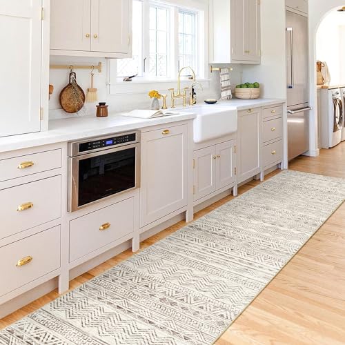 Moroccan Washable Hallway Runner Rug - 2'6"x12' Non Slip Floor Mat for Kitchen Low Pile Living Room Carpet with Rubber Backing Bedroom Rugs for Entryway 2'6"x12' Beige - color: Beige, size: 2'6" x 12' (Rectangular)