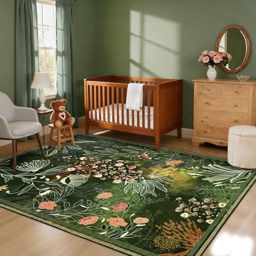 Yinhua Dark Green Area Rug for Entryway 3x5 Botanical Washable Rug Non Silp - size: 3' x 5' (Rectangular)