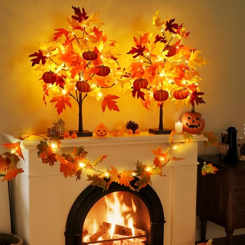Fall Décor 2 Pack 24 Inch Fall Maple Tree with 48 LEDs Battery Operated Fall Lights with 8 PCS Pumpkin Wooden Hanging Ornaments Artificial Tree for Fall Thanksgiving Home Table Decorations