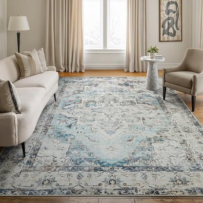 Bloom Rugs Washable Non-Slip 8' x 10' Rug - Beige/Blue Traditional Area Rug for Living Room, Bedroom, Dining Room, and Kitchen - Exact Size: 8' x 10' - color: Beige / Blue, size: 8' x 10' (Rectangular)