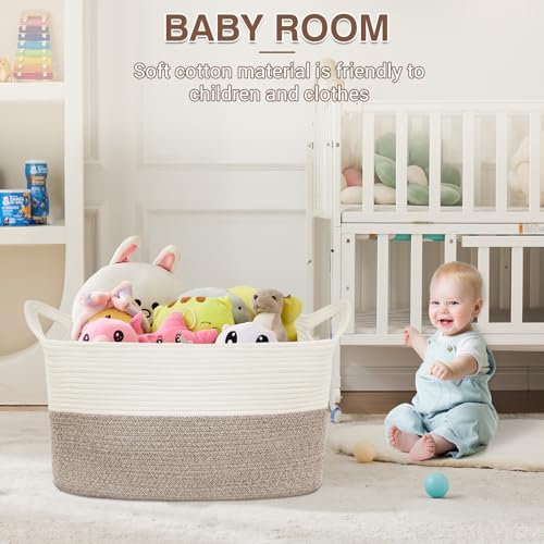 YOUDENOVA Large Blanket Basket, Rectangle Cotton Rope Storage Baske - color: White+Brown