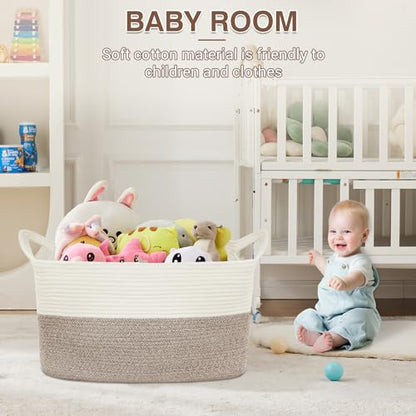 YOUDENOVA Large Blanket Basket, Rectangle Cotton Rope Storage Baske - color: White+Brown