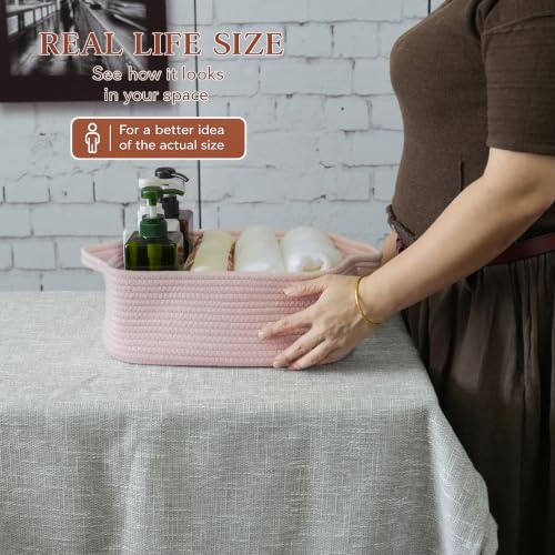 XUANGUO Medium Woven Cotton Rope Storage Basket with Handles, Light Pink - color: Light pink