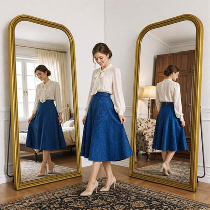 71"x32" Full Length Mirror with Stand, Arched PU Frame - color: Antique Gold