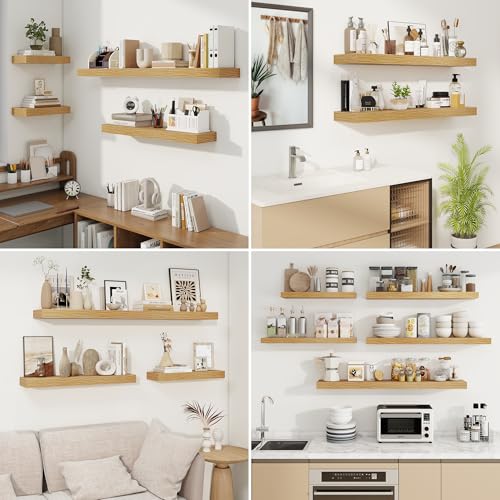 Floating Shelves for Wall, Wall Mounted Wood Shelves, Oak, Set of 3, 6.5” - color: Oak, size: 6.5"W x 6.5"D , 3 Pack