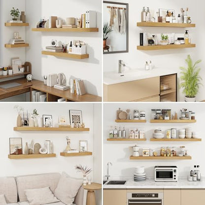 Floating Shelves for Wall, Wall Mounted Wood Shelves, Oak, Set of 3, 6.5” - color: Oak, size: 6.5"W x 6.5"D , 3 Pack