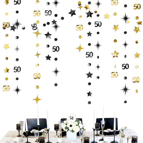 Black Gold 50th Birthday Decorations Number 50 Circle Dot Twinkle Star Garland Metallic Hanging Streamer Banner Backdrop for Women Mens 50 Years Old Birthday Happy 50th Anniversary Party Supplies - color: Black Gold