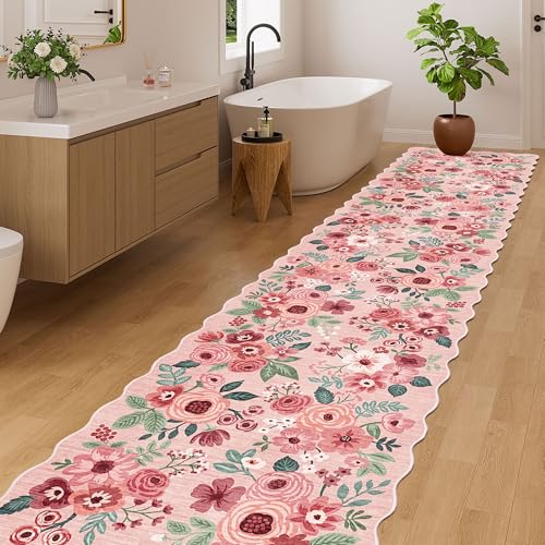 DUKINO 2.6x12 Washable Runner Rug, Floral Non Slip Long Kitchen Rug, Pink - color: Pink (Big), size: 2'6" x 12' (Rectangular)