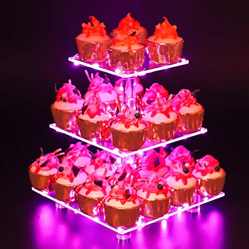 YestBuy 3 Tier Cupcake Stand with Pink Light, Cupcake Tower for 24 Cupcakes - color: Pink, size: 3 Tier Square