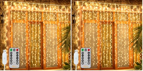 Ollny Curtain Lights 6.6x6.6ft, 200 LED String Lights with Remote 8 Modes Dimmable Timer, USB Power Fairy Light for Bedroom Backdrop Indoor Wall Window Christmas Decorations, Warm White (Pack of 2) - color: Warm White, size: 200LED-Upgrade Untangled Wire