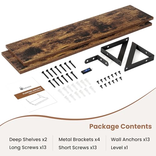 Axeman 48 Inch Floating Shelves, 8 Inch Deep Brown Wall Shelves Set of 2 - color: Rustic Brown, size: 47.3 Inch