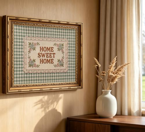 Gold Framed Home Sweet Home Wall Art,Embroidered Style Green Gingham Canvas - color: Home Sweet Home, size: 16"LX12"W