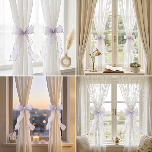 White Lace Bow Curtain Tiebacks 6-Pack, Vine Floral Curtain Holdbacks - color: Misty Gray